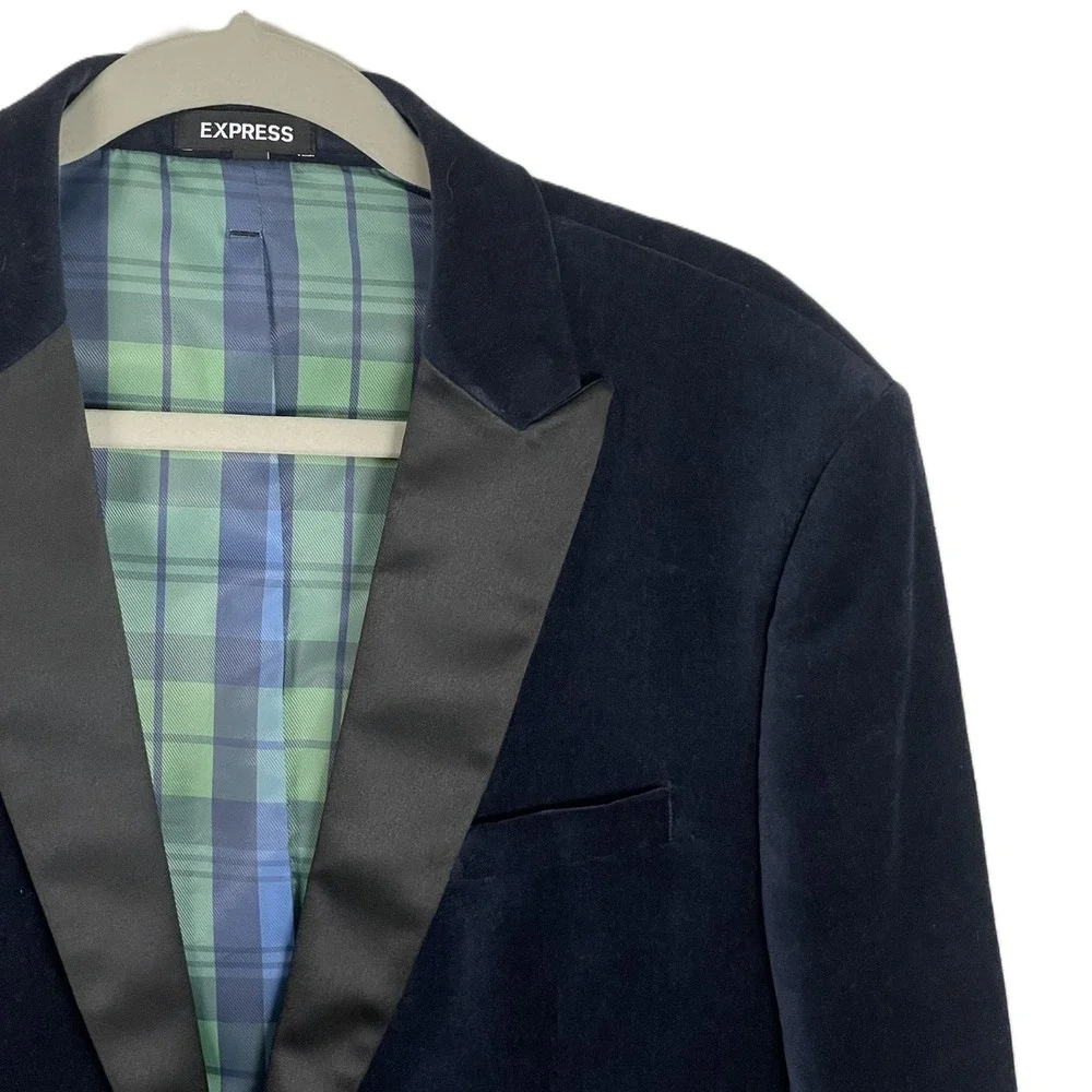 Express‎ Slim 40L Navy Velvet Tuxedo Blazer Satin Lapel Plaid Lining